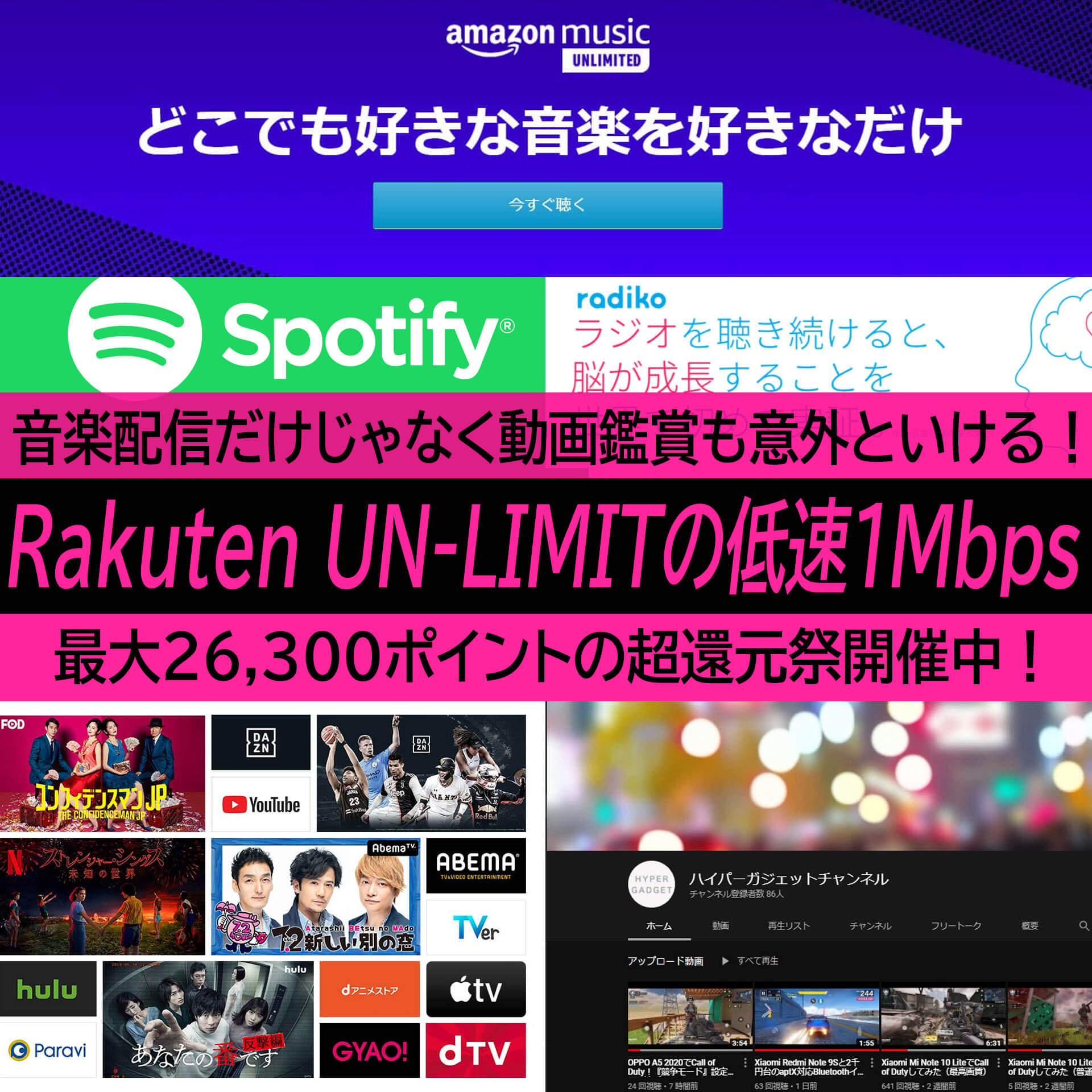 Rakuten Un Limit の低速 1mbps で快適に使えるサービスはコレだ 音楽は勿論 動画も意外といける
